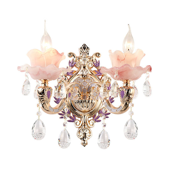 Retro Pink Glass Wall Lamp With Gold Floral Ruffle Design - Elegant Living Room Light Fixture