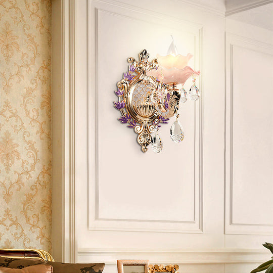 Retro Pink Glass Wall Lamp With Gold Floral Ruffle Design - Elegant Living Room Light Fixture
