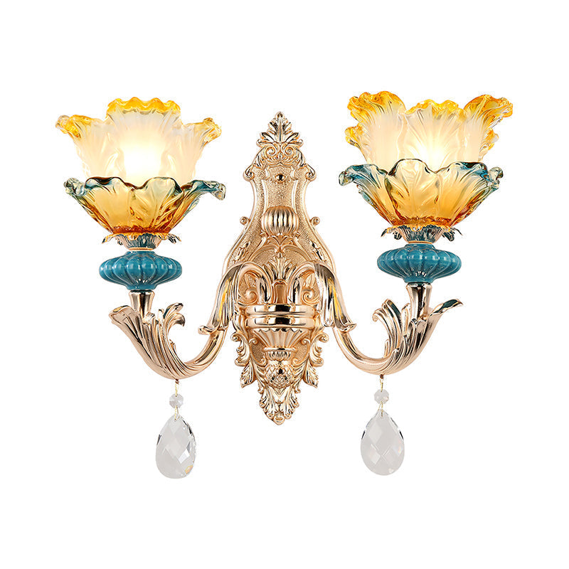 Gold Flower Wall Mount Light With Crystal Draping And Ruffle Glass Fixture