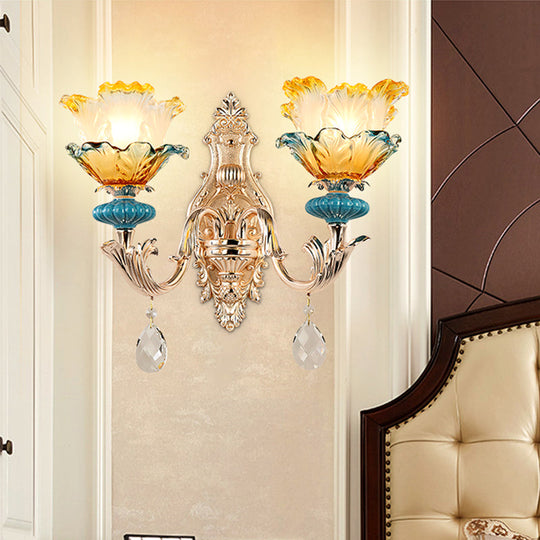 Gold Flower Wall Mount Light With Crystal Draping And Ruffle Glass Fixture