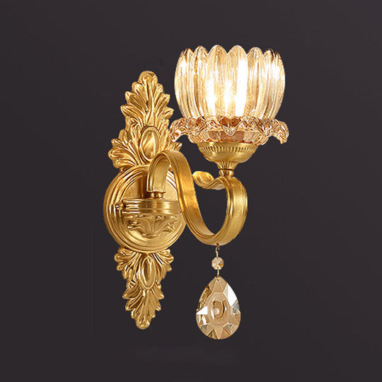 Handblown Glass Gold Floral Corridor Wall Mount Light With Crystal Accent - Minimalistic Lighting