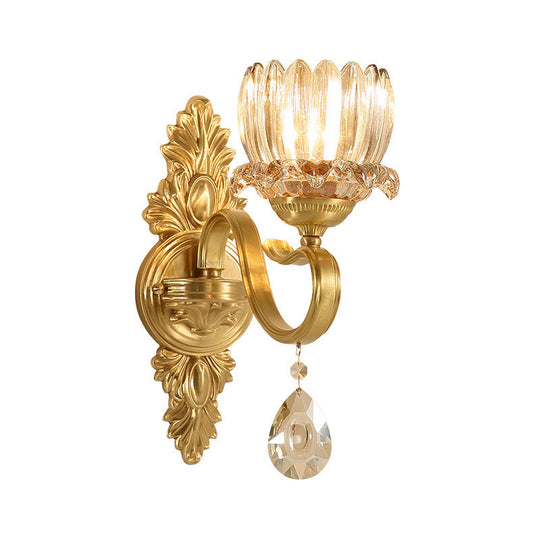 Handblown Glass Gold Floral Corridor Wall Mount Light With Crystal Accent - Minimalistic Lighting