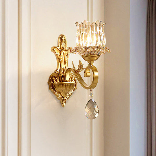 Handblown Glass Gold Floral Corridor Wall Mount Light With Crystal Accent - Minimalistic Lighting /