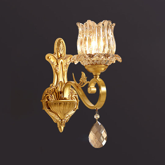 Handblown Glass Gold Floral Corridor Wall Mount Light With Crystal Accent - Minimalistic Lighting