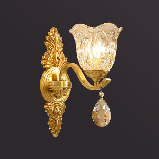 Handblown Glass Gold Floral Corridor Wall Mount Light With Crystal Accent - Minimalistic Lighting /