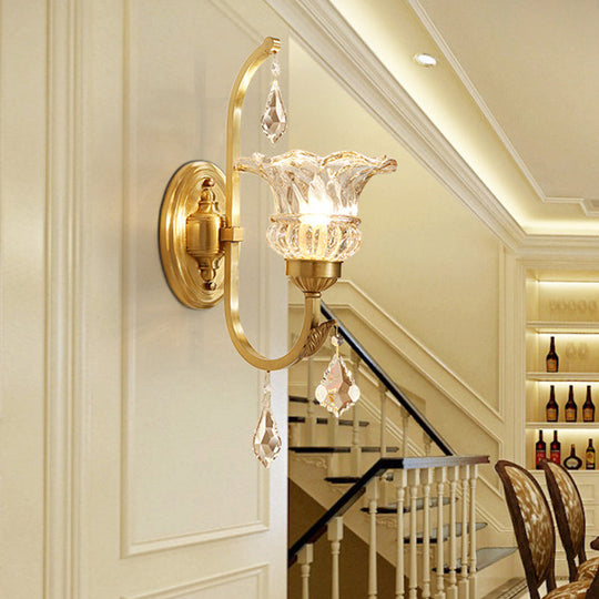 Handblown Glass Gold Floral Corridor Wall Mount Light With Crystal Accent - Minimalistic Lighting /