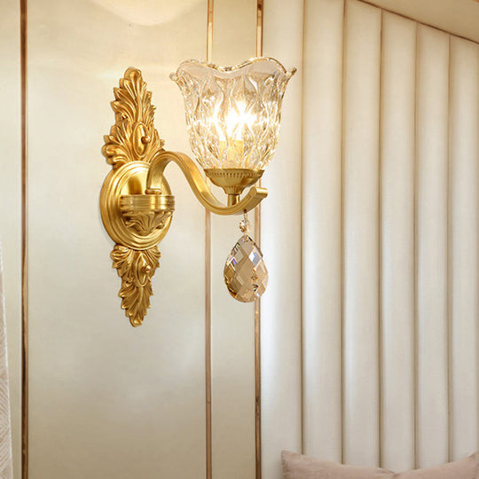 Simplicity Single Corridor Wall Light - Handblown Glass Scalloped Bell Lamp With Crystal Draping In