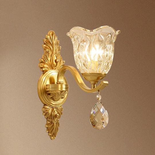 Simplicity Single Corridor Wall Light - Handblown Glass Scalloped Bell Lamp With Crystal Draping In