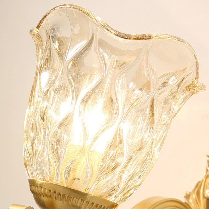 Simplicity Single Corridor Wall Light - Handblown Glass Scalloped Bell Lamp With Crystal Draping In