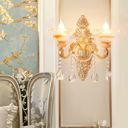 Gold Floral Ruffle Wall Mount Light With Crystal Accent - Traditional Glass Corridor Fixture 2 / B