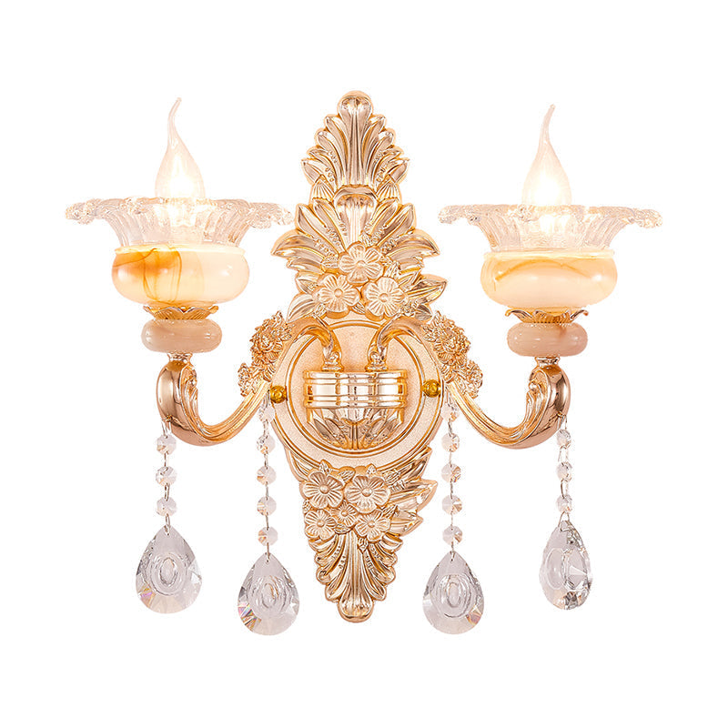 Gold Floral Ruffle Wall Mount Light With Crystal Accent - Traditional Glass Corridor Fixture