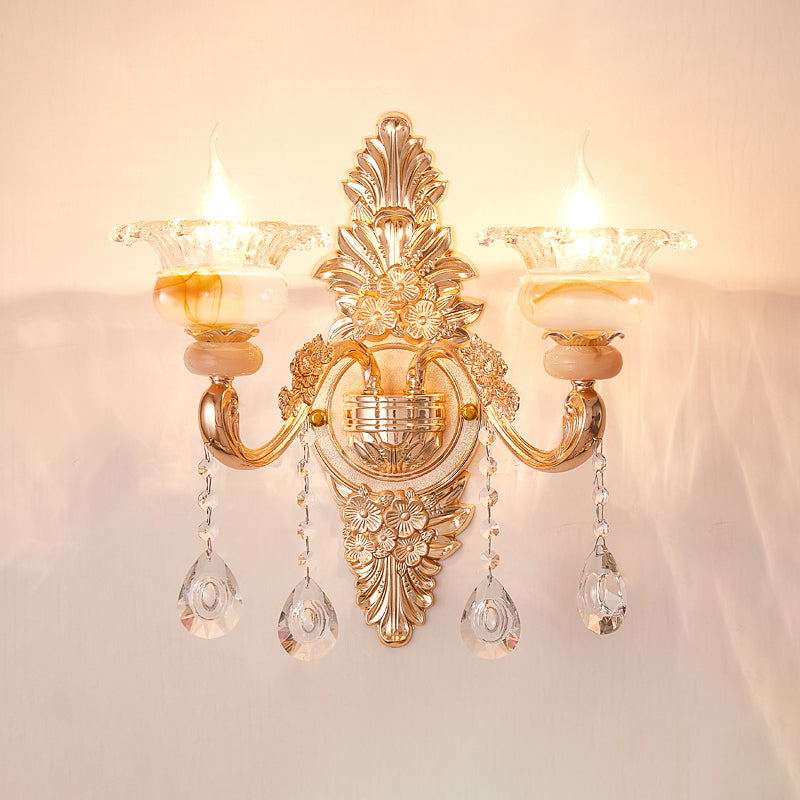 Gold Floral Ruffle Wall Mount Light With Crystal Accent - Traditional Glass Corridor Fixture