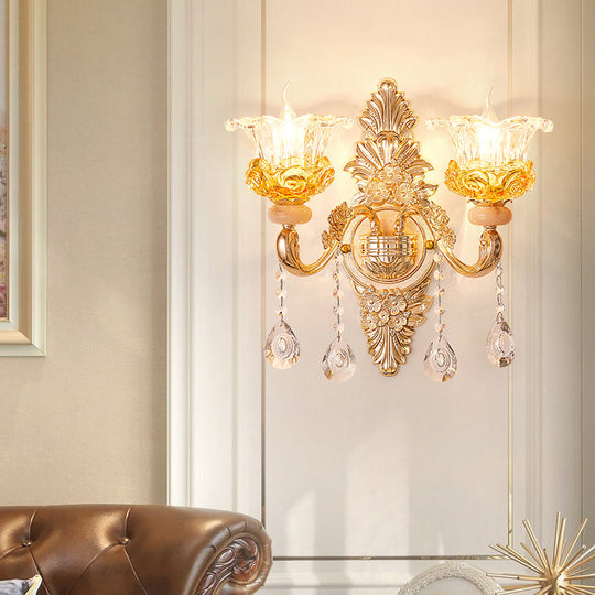 Gold Floral Ruffle Wall Mount Light With Crystal Accent - Traditional Glass Corridor Fixture 2 / C