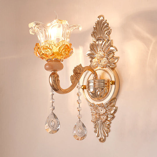 Gold Floral Ruffle Wall Mount Light With Crystal Accent - Traditional Glass Corridor Fixture 1 / C