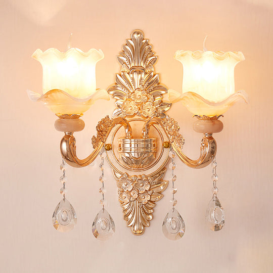 Gold Floral Ruffle Wall Mount Light With Crystal Accent - Traditional Glass Corridor Fixture 2 / A