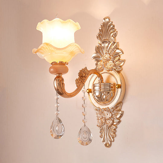 Gold Floral Ruffle Wall Mount Light With Crystal Accent - Traditional Glass Corridor Fixture 1 / A