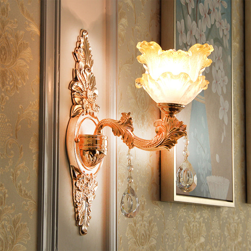 Vintage Gold Wall Light With Frosted Glass Ruffle Flower And Crystal Accent 1 /