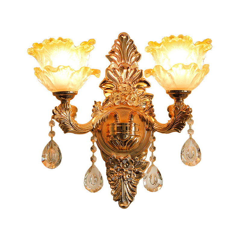 Vintage Gold Wall Light With Frosted Glass Ruffle Flower And Crystal Accent