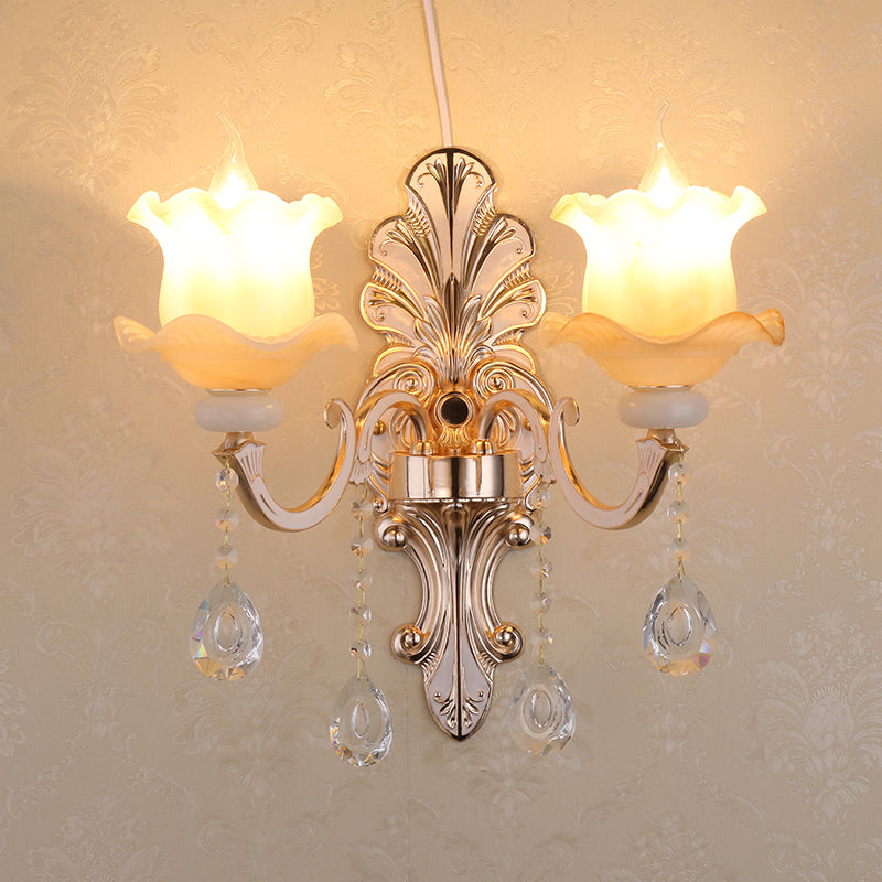 Rustic Bud Wall Light With Ruffle Glass And Crystal Draping In Weathered Zinc - Vintage Mount