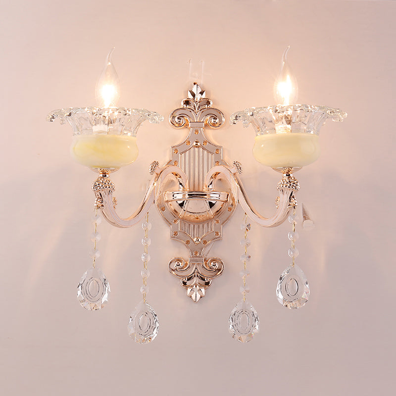 Rustic Bud Wall Light With Ruffle Glass And Crystal Draping In Weathered Zinc - Vintage Mount