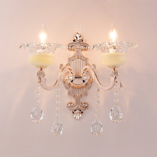 Rustic Bud Wall Light With Ruffle Glass And Crystal Draping In Weathered Zinc - Vintage Mount