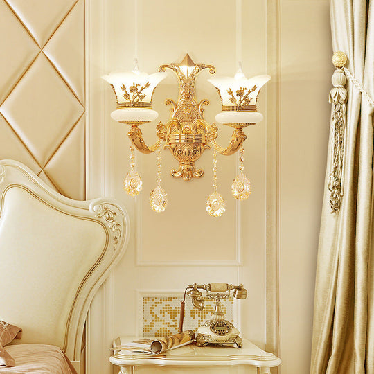 Traditional Wall Light Fixture With Imitation Jade Gold Design And Crystal Draping 2 / A