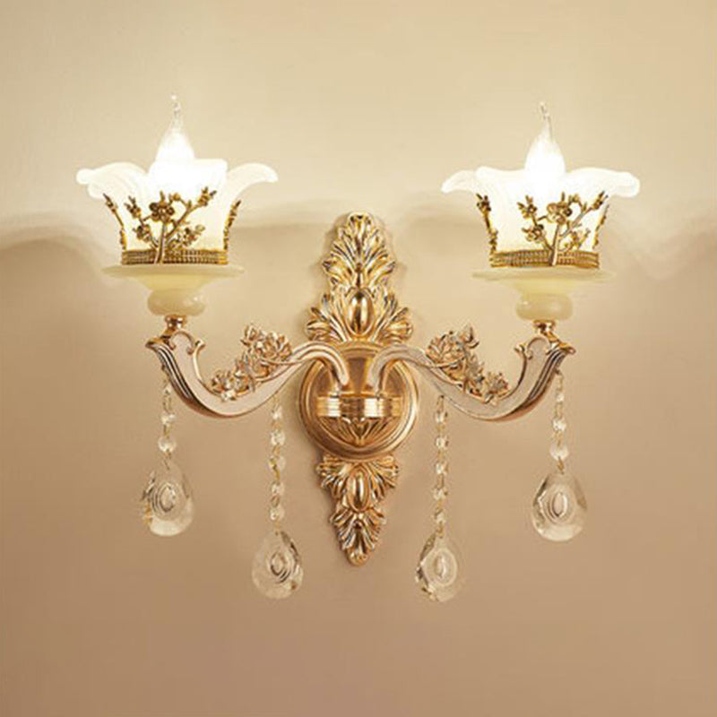 Traditional Wall Light Fixture With Imitation Jade Gold Design And Crystal Draping 2 / D