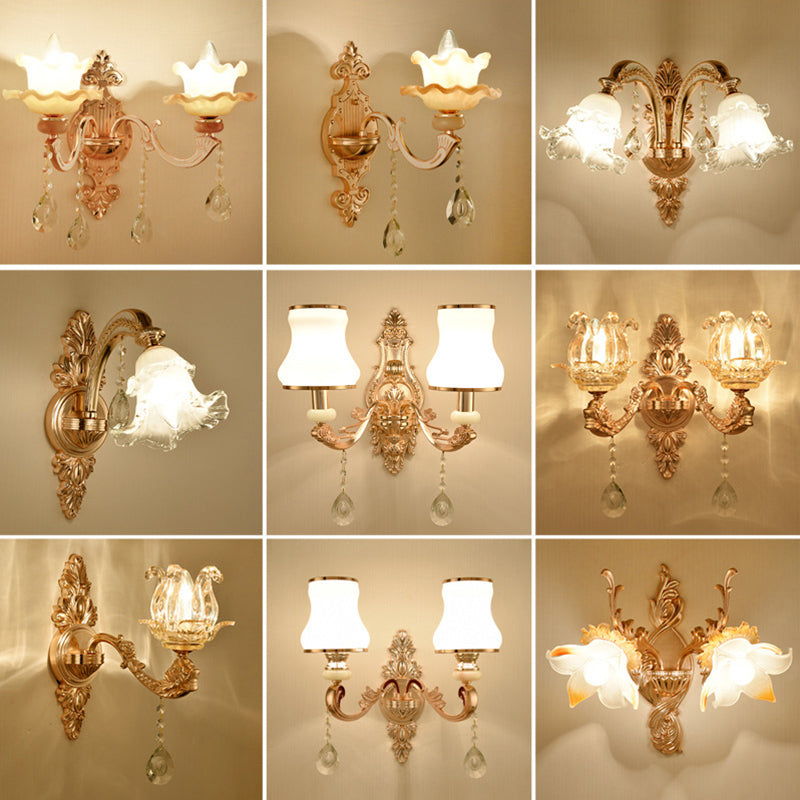 Retro Gold Wall Mount Light With Floral Glass Shade And Hanging Crystal Elegant Lighting