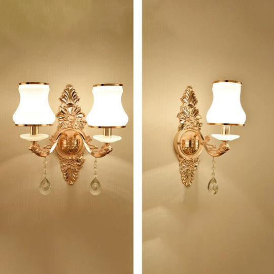 Retro Gold Wall Mount Light With Floral Glass Shade And Hanging Crystal Elegant Lighting 1 / B