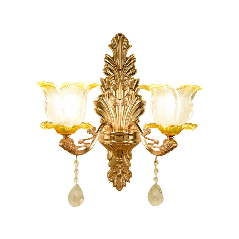 Retro Gold Wall Mount Light With Floral Glass Shade And Hanging Crystal Elegant Lighting