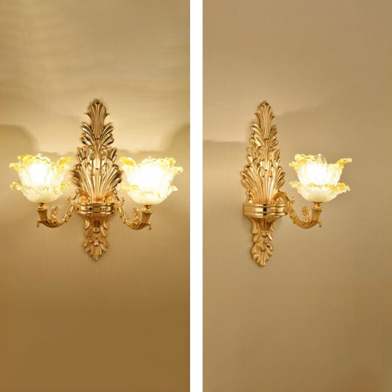 Retro Gold Wall Mount Light With Floral Glass Shade And Hanging Crystal Elegant Lighting 1 / D