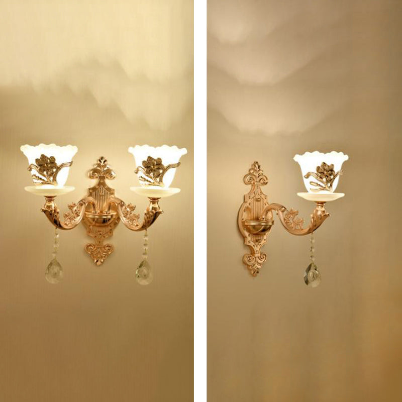 Retro Gold Wall Mount Light With Floral Glass Shade And Hanging Crystal Elegant Lighting 1 / E