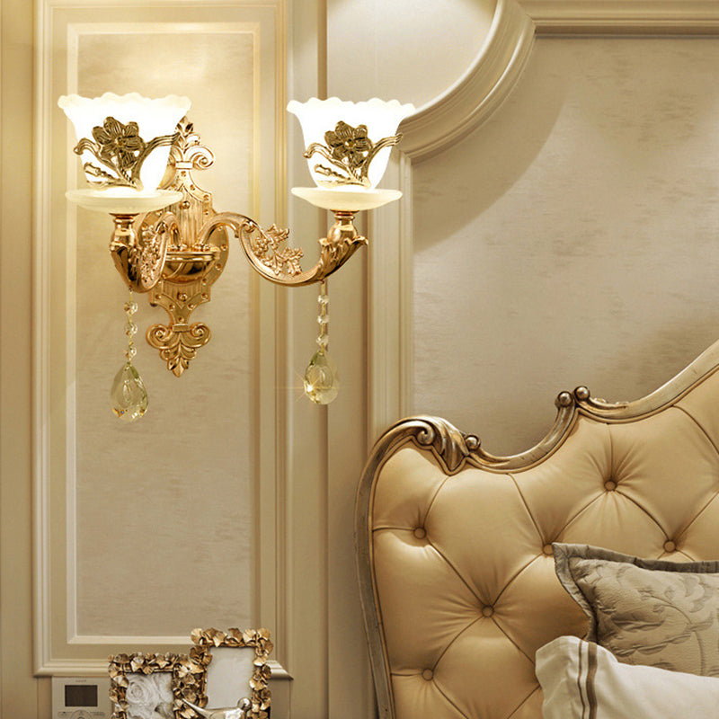 Retro Gold Wall Mount Light With Floral Glass Shade And Hanging Crystal Elegant Lighting