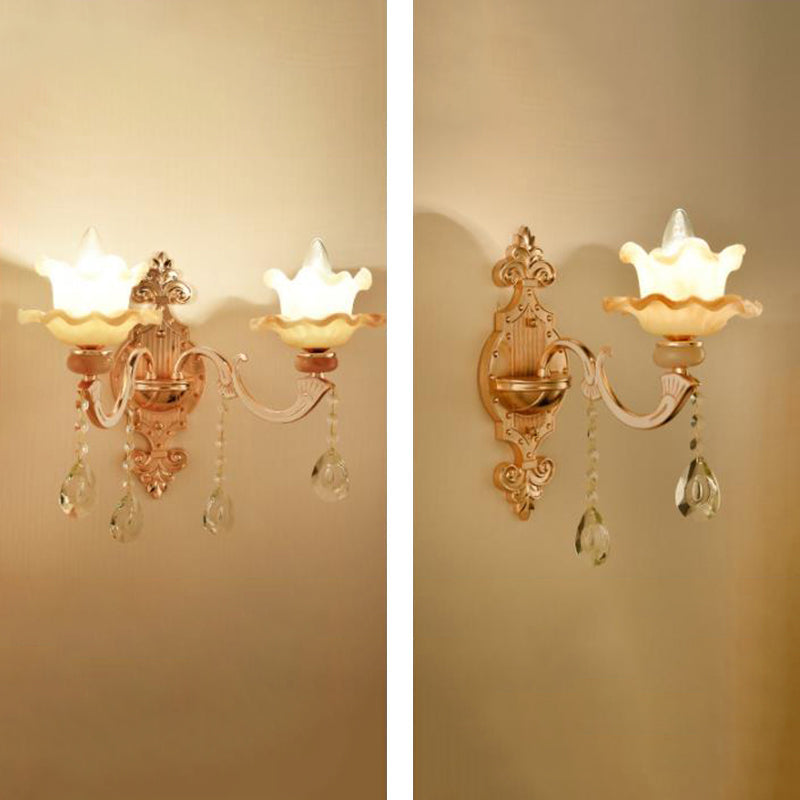 Retro Gold Wall Mount Light With Floral Glass Shade And Hanging Crystal Elegant Lighting 1 / F