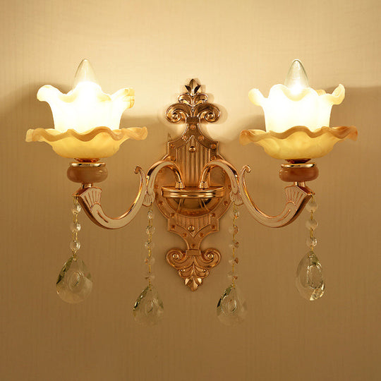 Retro Gold Wall Mount Light With Floral Glass Shade And Hanging Crystal Elegant Lighting