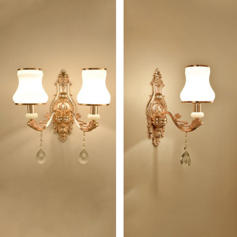 Retro Gold Wall Mount Light With Floral Glass Shade And Hanging Crystal Elegant Lighting 1 / H