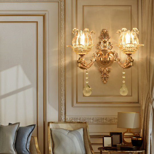 Retro Gold Wall Mount Light With Floral Glass Shade And Hanging Crystal Elegant Lighting