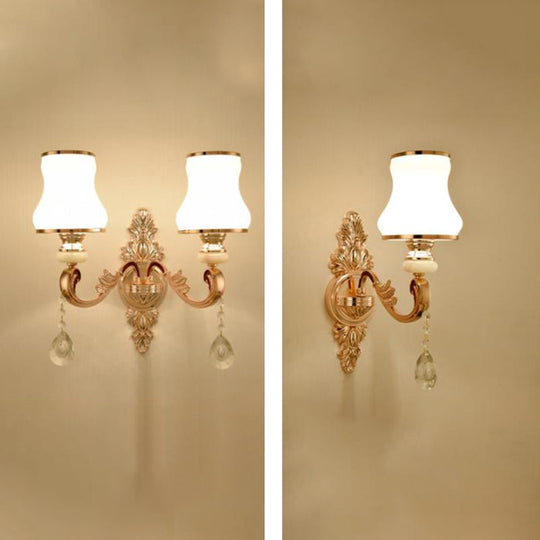 Retro Gold Wall Mount Light With Floral Glass Shade And Hanging Crystal Elegant Lighting 1 / J