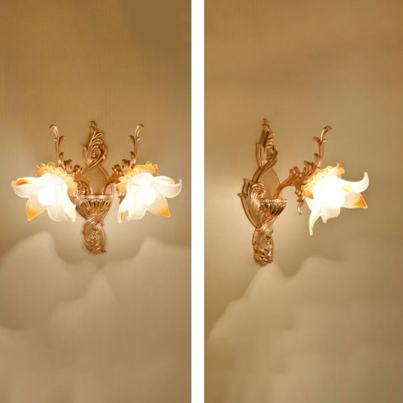Retro Gold Wall Mount Light With Floral Glass Shade And Hanging Crystal Elegant Lighting 1 / K