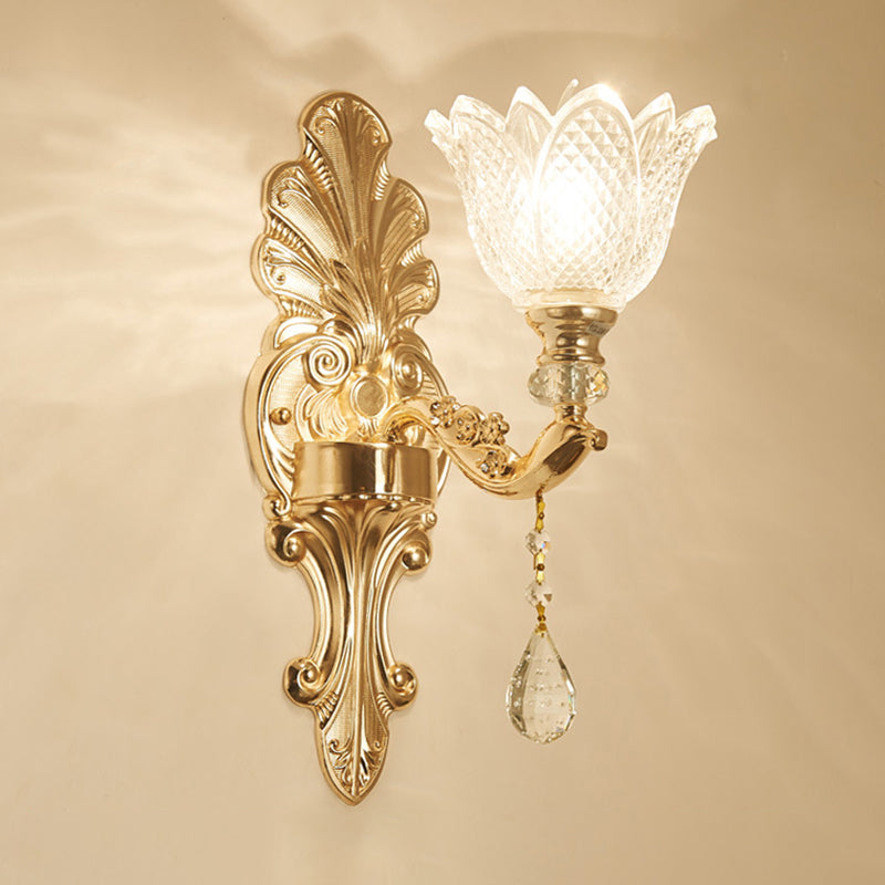 Antique Gold Glass Wall Light With Flower Texture And Crystal Accent For Living Room