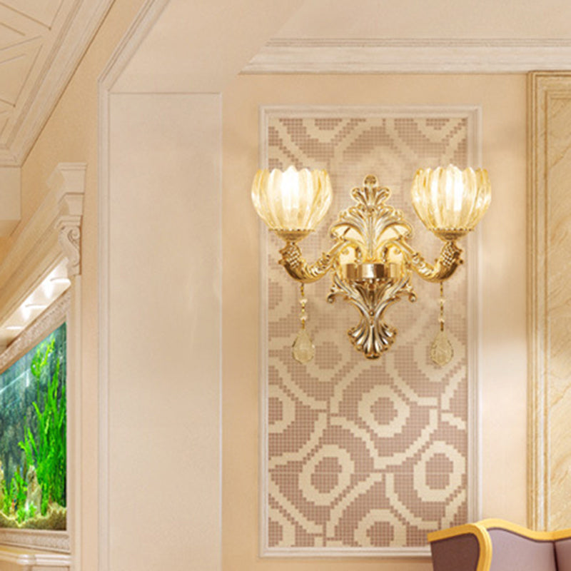 Antique Gold Glass Wall Light With Flower Texture And Crystal Accent For Living Room 2 / B