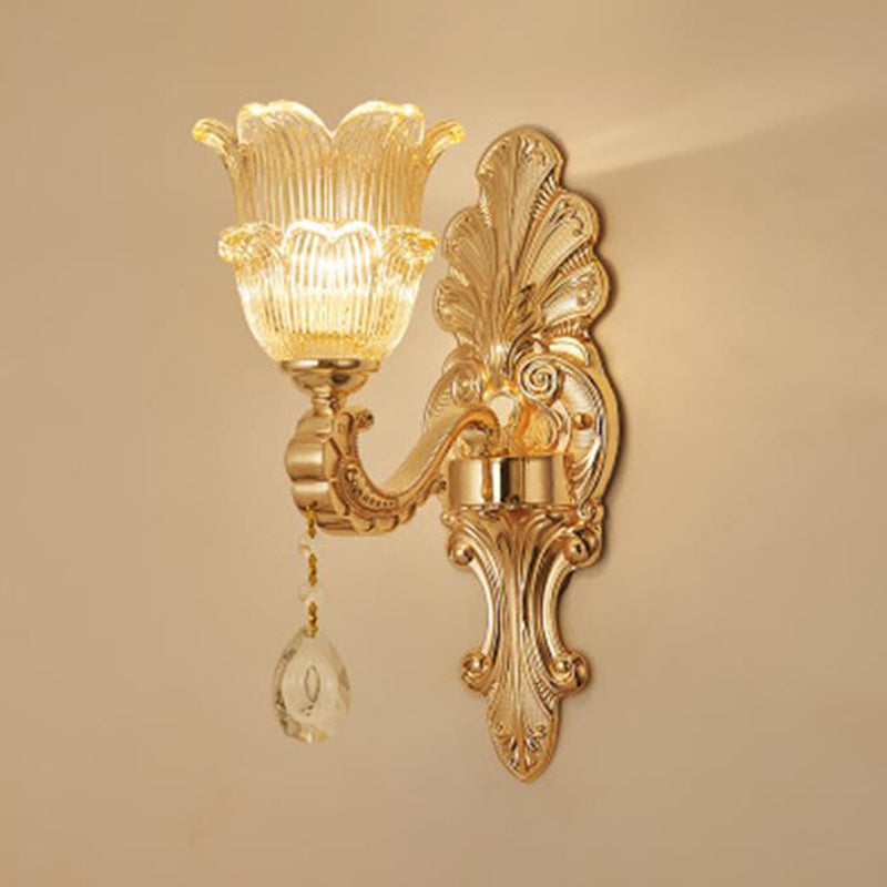 Antique Gold Glass Wall Light With Flower Texture And Crystal Accent For Living Room 1 / D