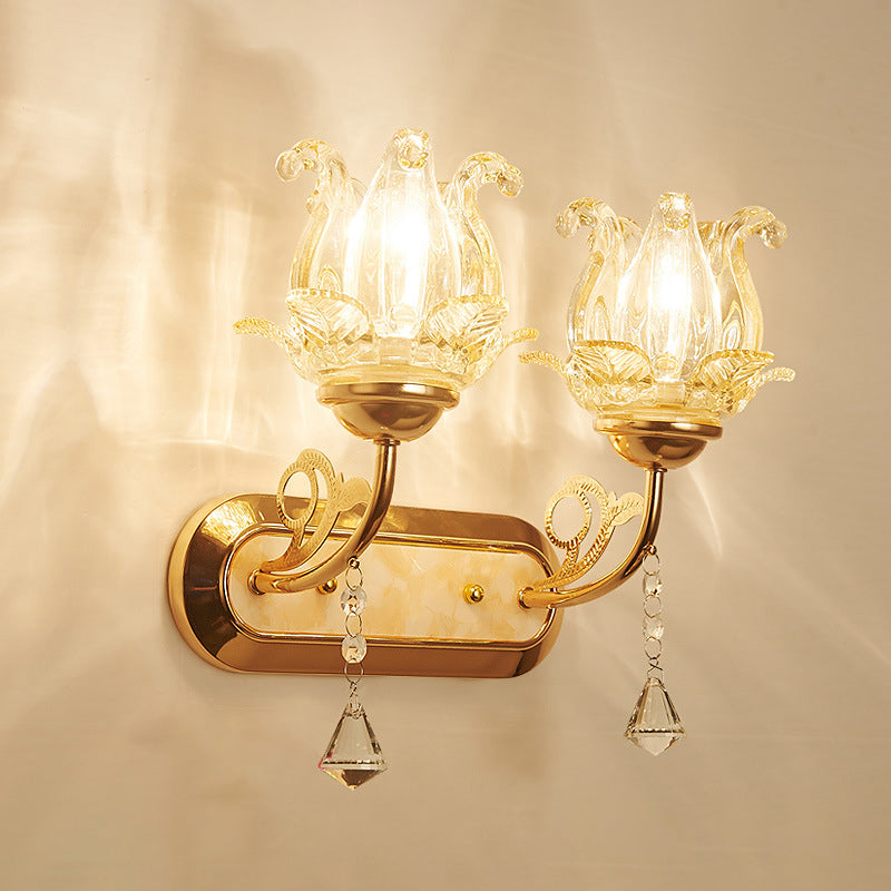 Traditional Floral Living Room Wall Mount Light With Textured Glass And Gold Fixture 2 / B