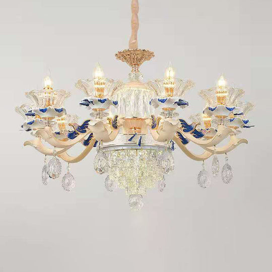 Vintage Beige Ruffle Floral Chandelier Light With Crystal Accent - Faceted Glass For Living Room