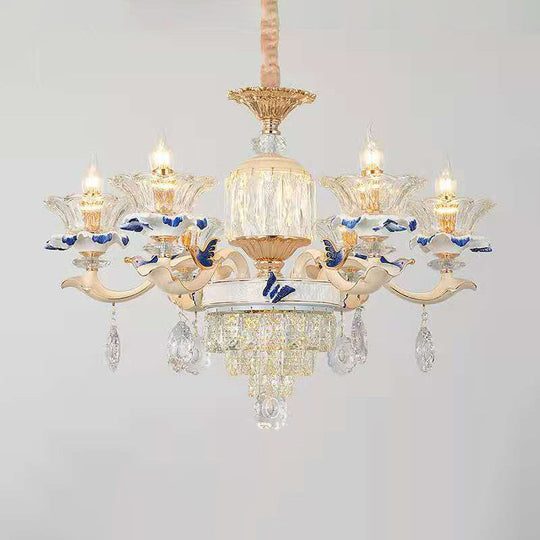 Vintage Beige Ruffle Floral Chandelier Light With Crystal Accent - Faceted Glass For Living Room