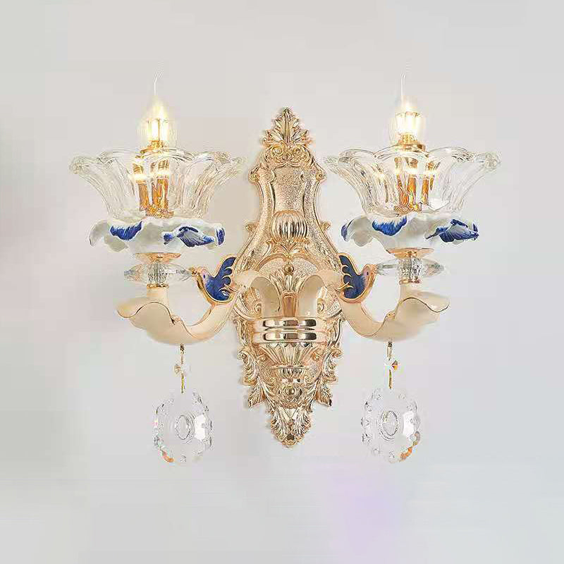 Vintage Beige Ruffle Floral Chandelier Light With Crystal Accent - Faceted Glass For Living Room 2 /