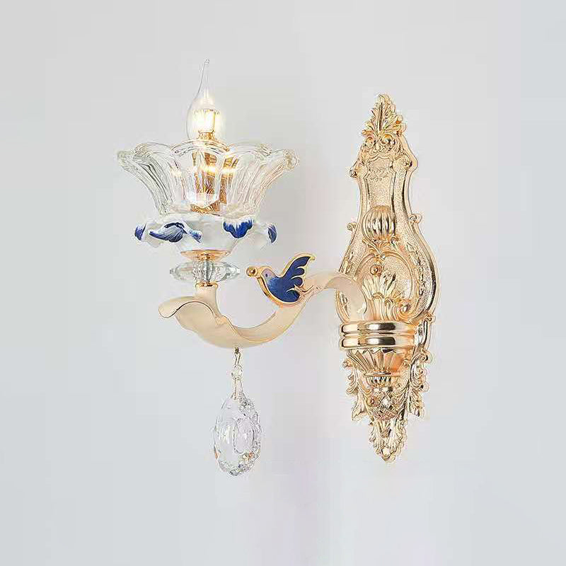 Vintage Beige Ruffle Floral Chandelier Light With Crystal Accent - Faceted Glass For Living Room