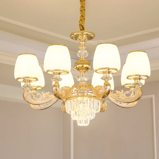 White Frosted Glass Chandelier With Crystal Accent - Classic Pendant Light For Bedroom
