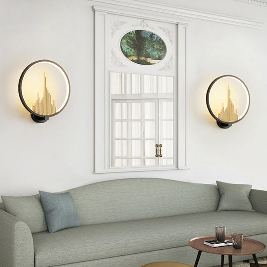 Modern Acrylic Halo-Ring Led Sconce Light In Black/White With Mountain Pattern - Warm Lighting