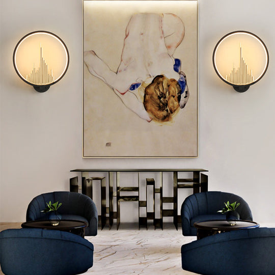 Modern Acrylic Halo-Ring Led Sconce Light In Black/White With Mountain Pattern - Warm Lighting